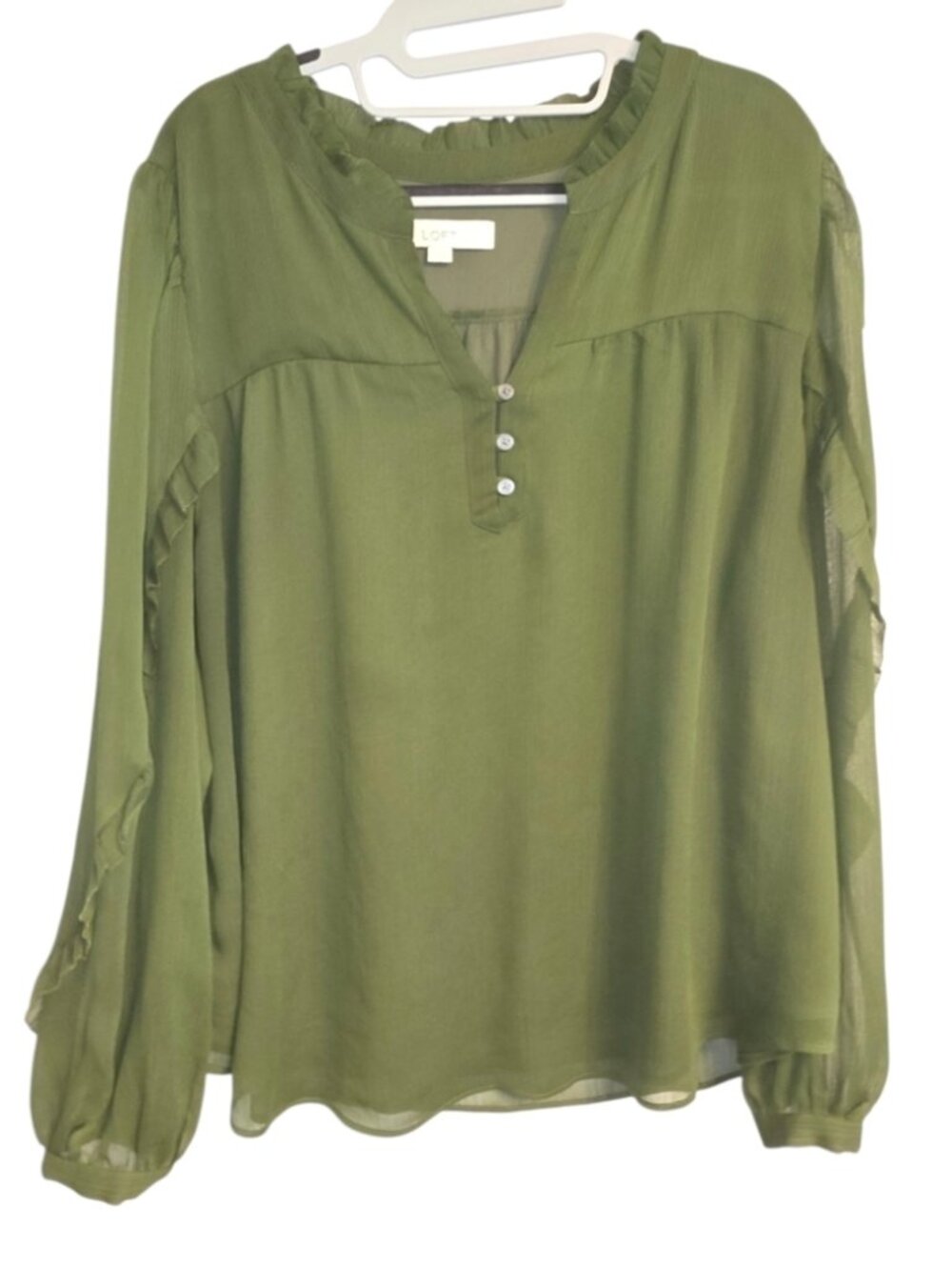 Loft Blouse Olive Green Shirt Ruffled Sleeves Flowy Romantic Long Sleeve XL Top